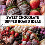 A Valentine’s chocolate covered board with candies, dipped fruits, and pink sweets styled for a romantic night.